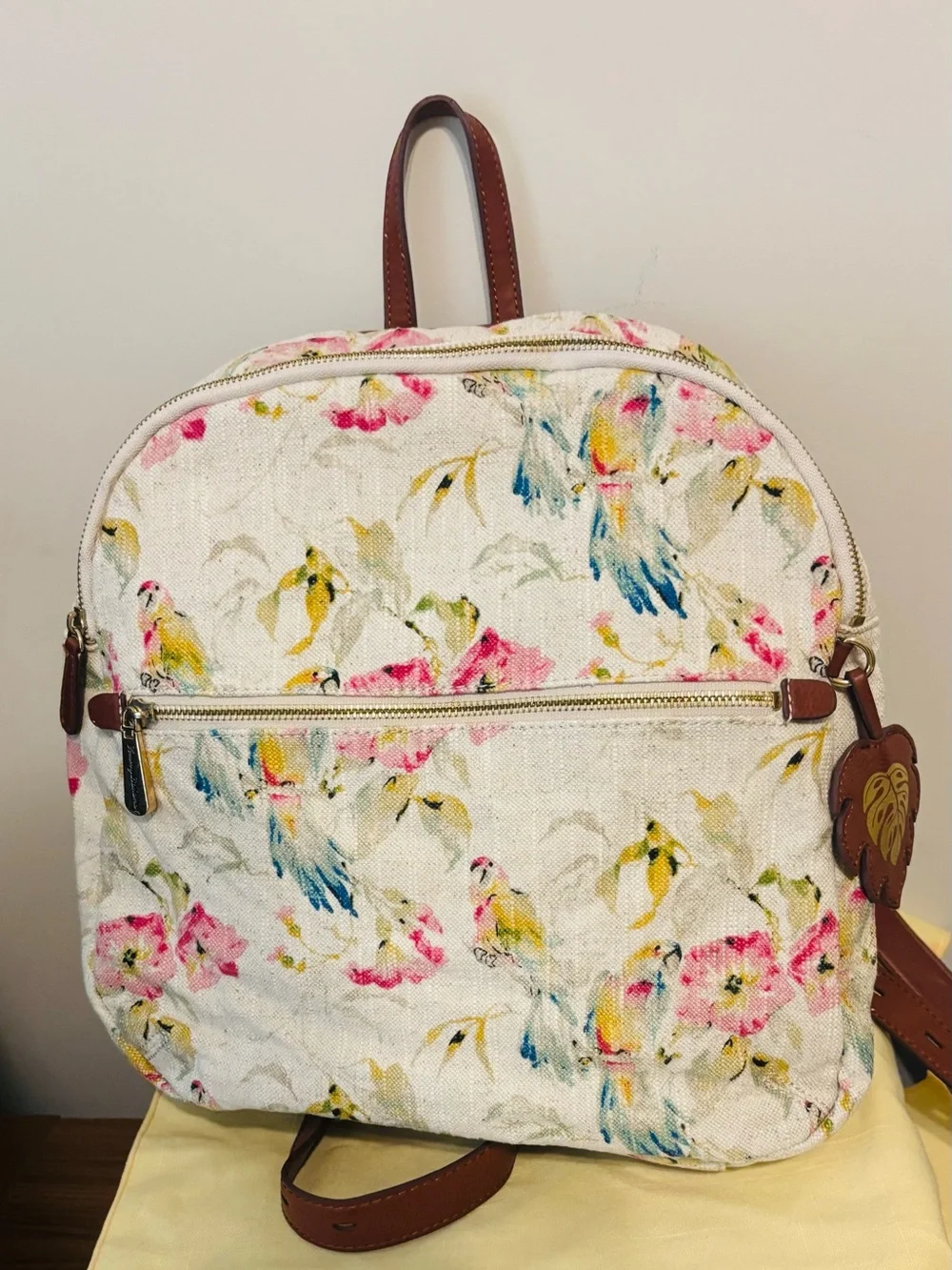 Tommy Bahama Backpack Women's Multi-Color Floral Bird Leather Trim Beach School